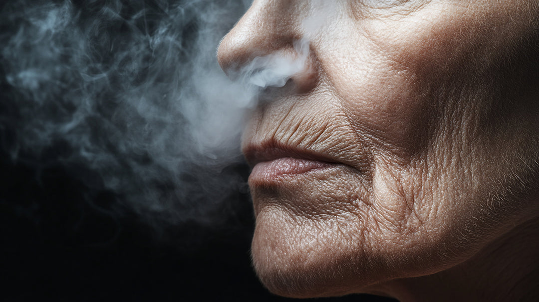 The Effects of Smoking: A Close-Up Portrait of an Older Woman Exhaling Smoke Against a Dark Background