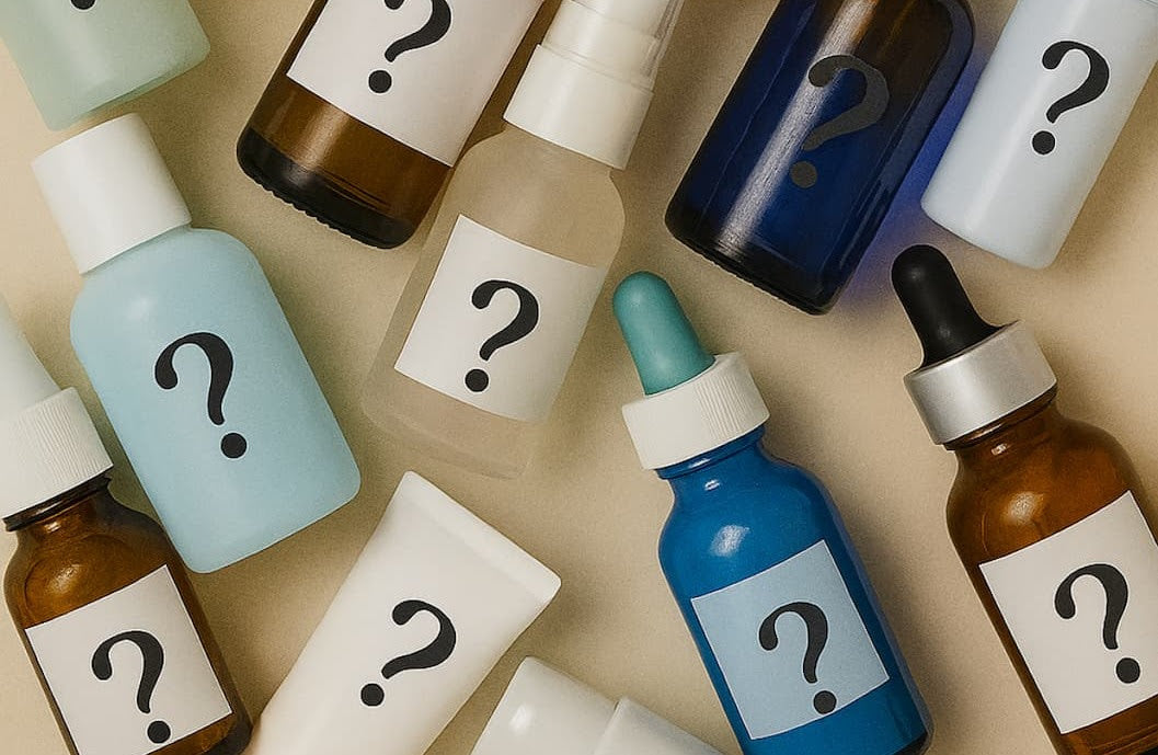 A variety of skincare bottles all labeled with question marks