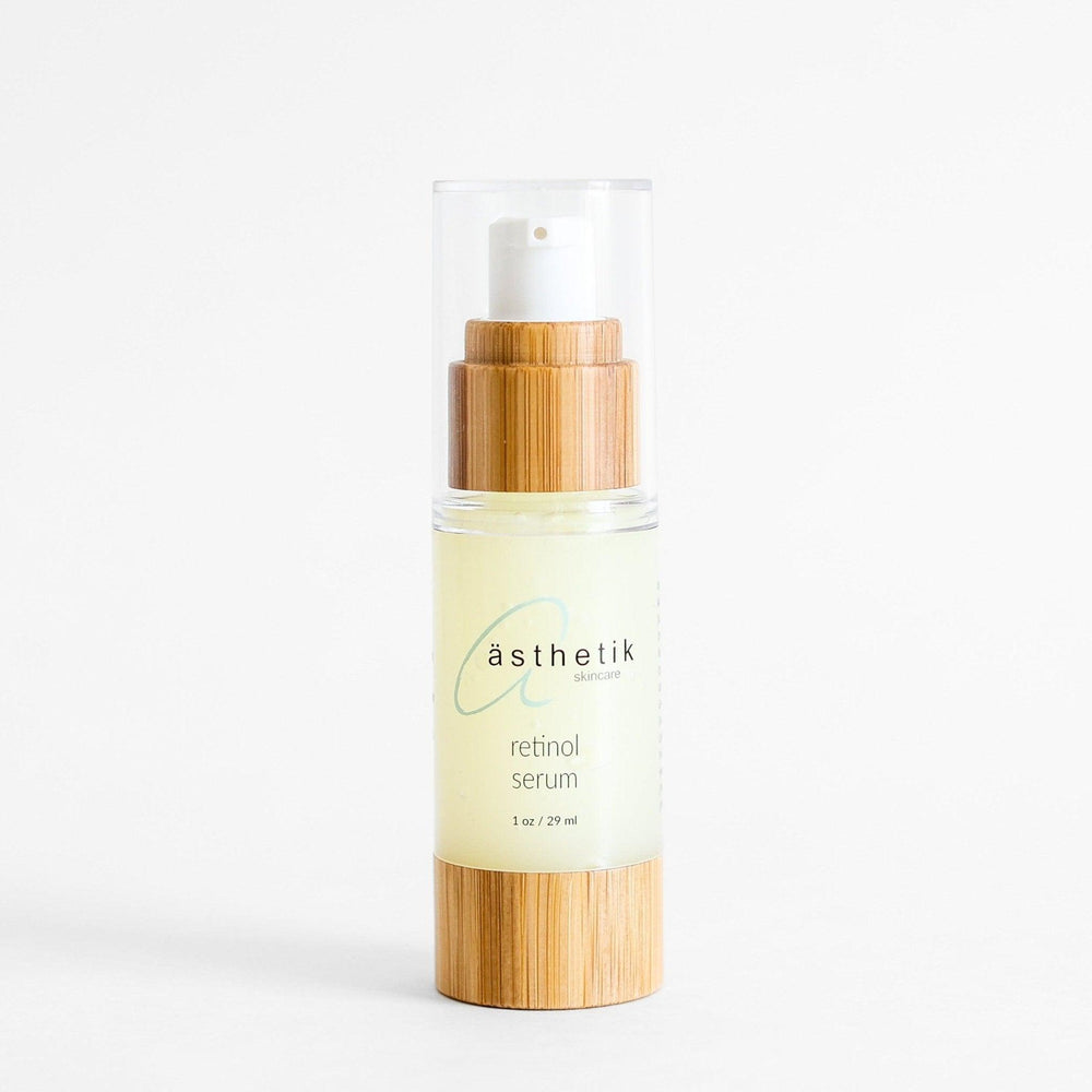 Retinol serum in bamboo bottle, ästhetik skincare natural, plant-based skincare for radiant, healthy skin.