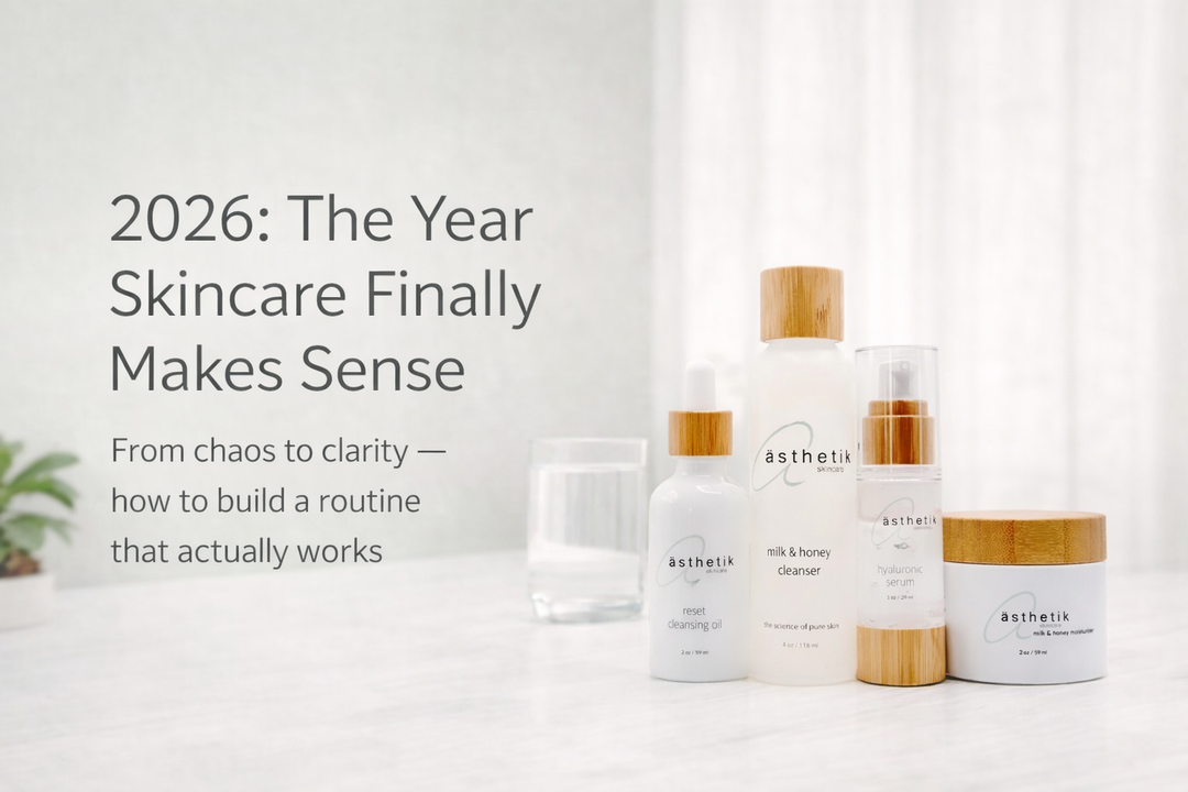 ästhetik skincare sensitive collection sitting on a white counter top with the words 2026: The Year Skincare Finally Makes Sense next to it