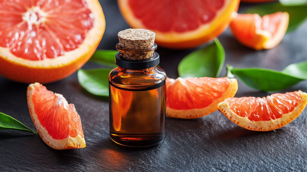 Grapefruit essential oil in a bottle showcases its vibrant color and refreshing aroma