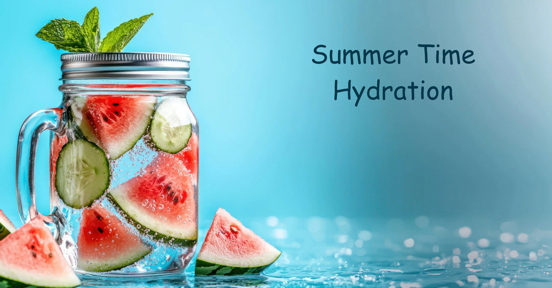 Glass jar with watermelon and cucumber slices infused water topped with fresh mint leaves on blue background with Summer Time Hydration text