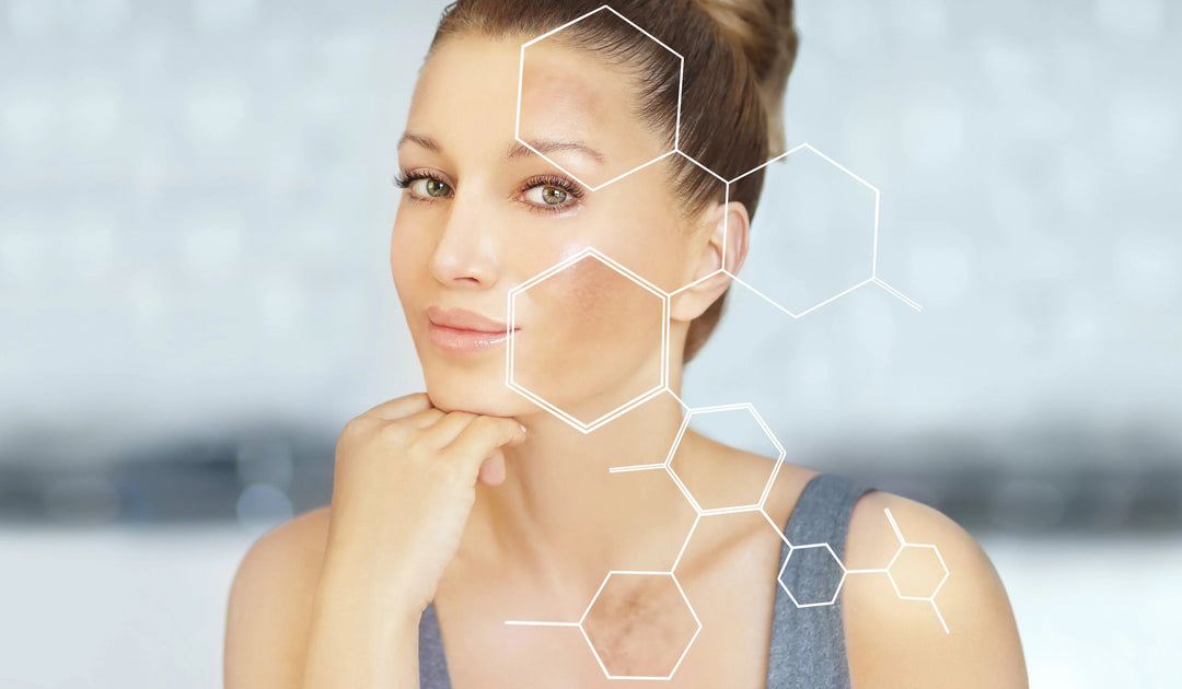 Close-up of a woman in a grey tank top with clear skin and hexagonal skincare graphic overlay