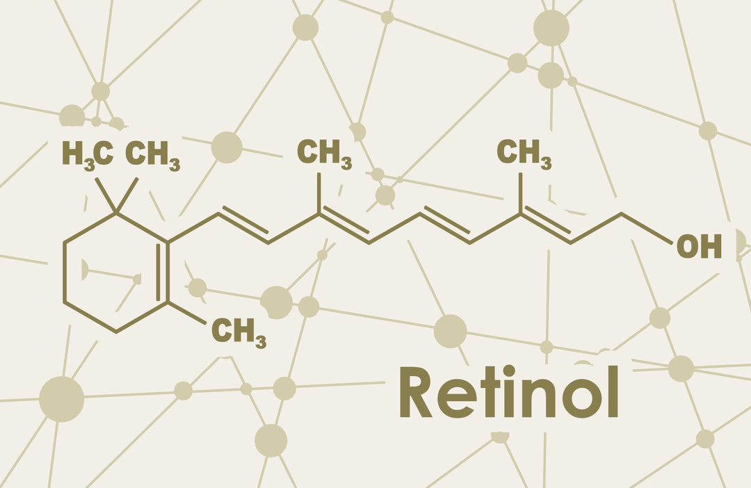 Vitamin A retinol molecule. Skeletal formula. Connected lines with dots background.