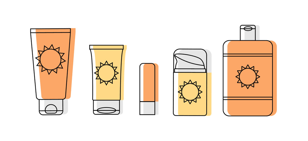 SPF Sunscreen bottles outline colored icon set. SPF protective sunscreen cosmetic: lotion, cream tube, stick, lip balm.