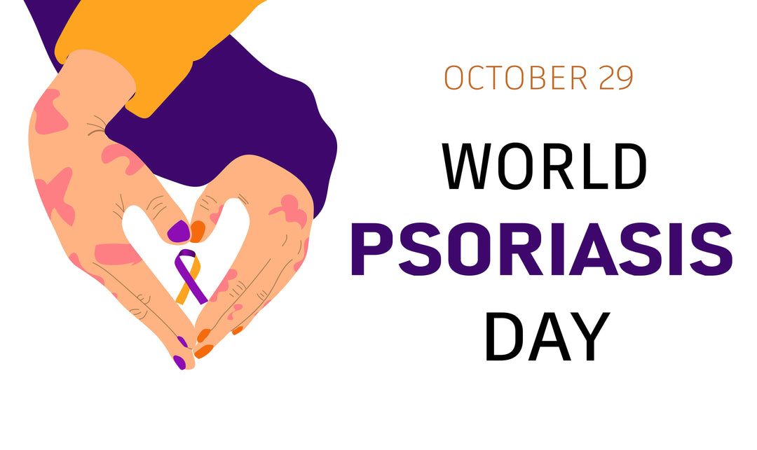 World Psoriasis Day in October 29th. Hands making heart sign. Inside ribbon - orange and purple.