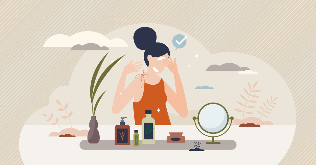 An artistic depiction of a woman with skincare products before her testing patching on her face