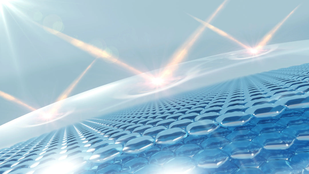 Blue hexagonal skincare barrier with light beams highlighting skin protection and hydration