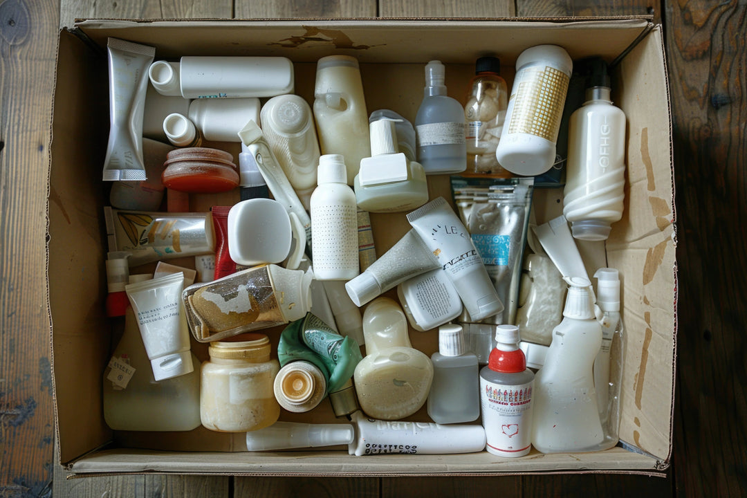 Box filled with various empty skincare and cosmetic bottles and tubes on wooden floor