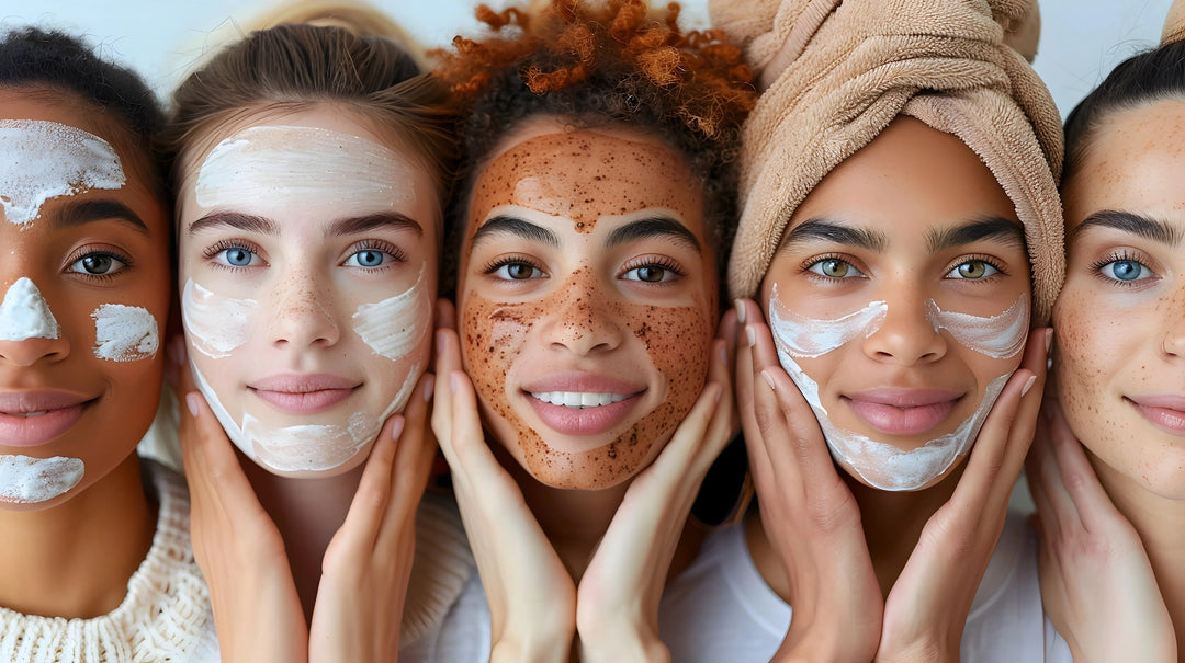 Diverse women with different skincare masks and treatments on faces, showcasing radiant healthy skin