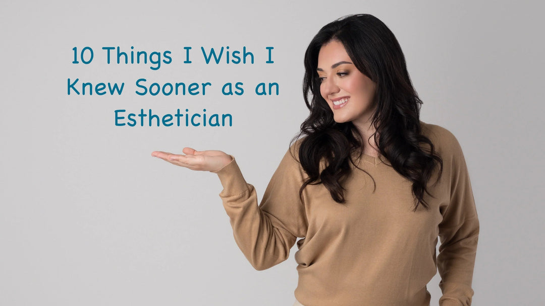 Smiling woman in beige sweater holding hand out next to text about esthetician tips on gray background