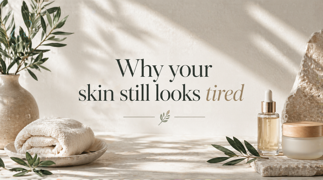 Why your skin still looks tired blog cover image with luxury skincare products, botanical elements, and soft natural lighting