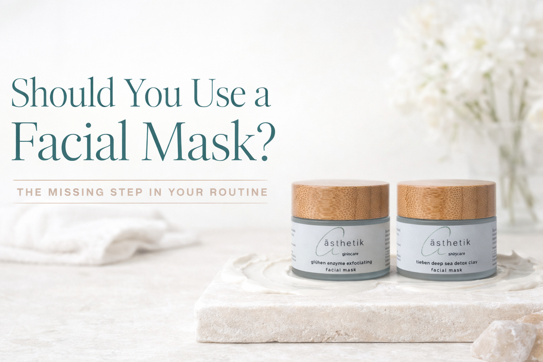 Facial masks by ästhetik skincare displayed on a neutral stone surface, illustrating the benefits of adding a mask to your skincare routine