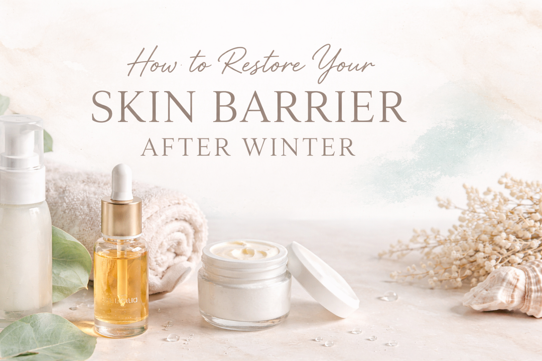 Luxury skincare banner with serum bottle, soft botanicals, and text “How to Restore Your Skin Barrier After Winter”