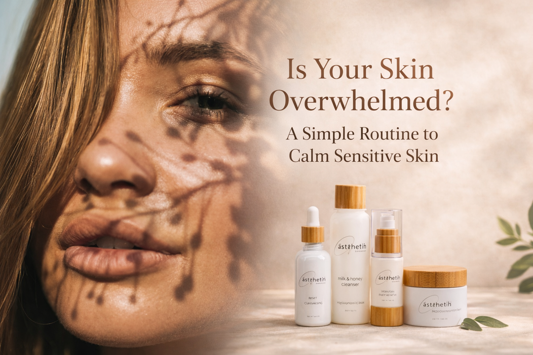 Calm sensitive skin routine with botanical cleanser, hyaluronic serum, and moisturizer beside glowing skin in natural light.