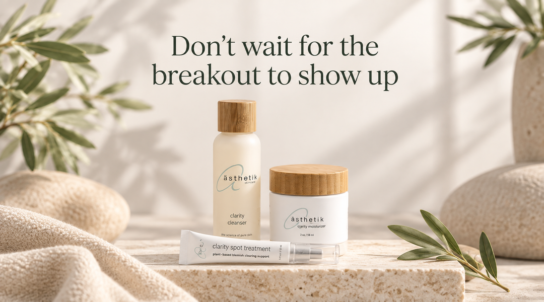 ästhetik Clarity Cleanser, Clarity Moisturizer, and Clarity Spot Treatment styled in a calm luxury skincare setting with botanical accents.