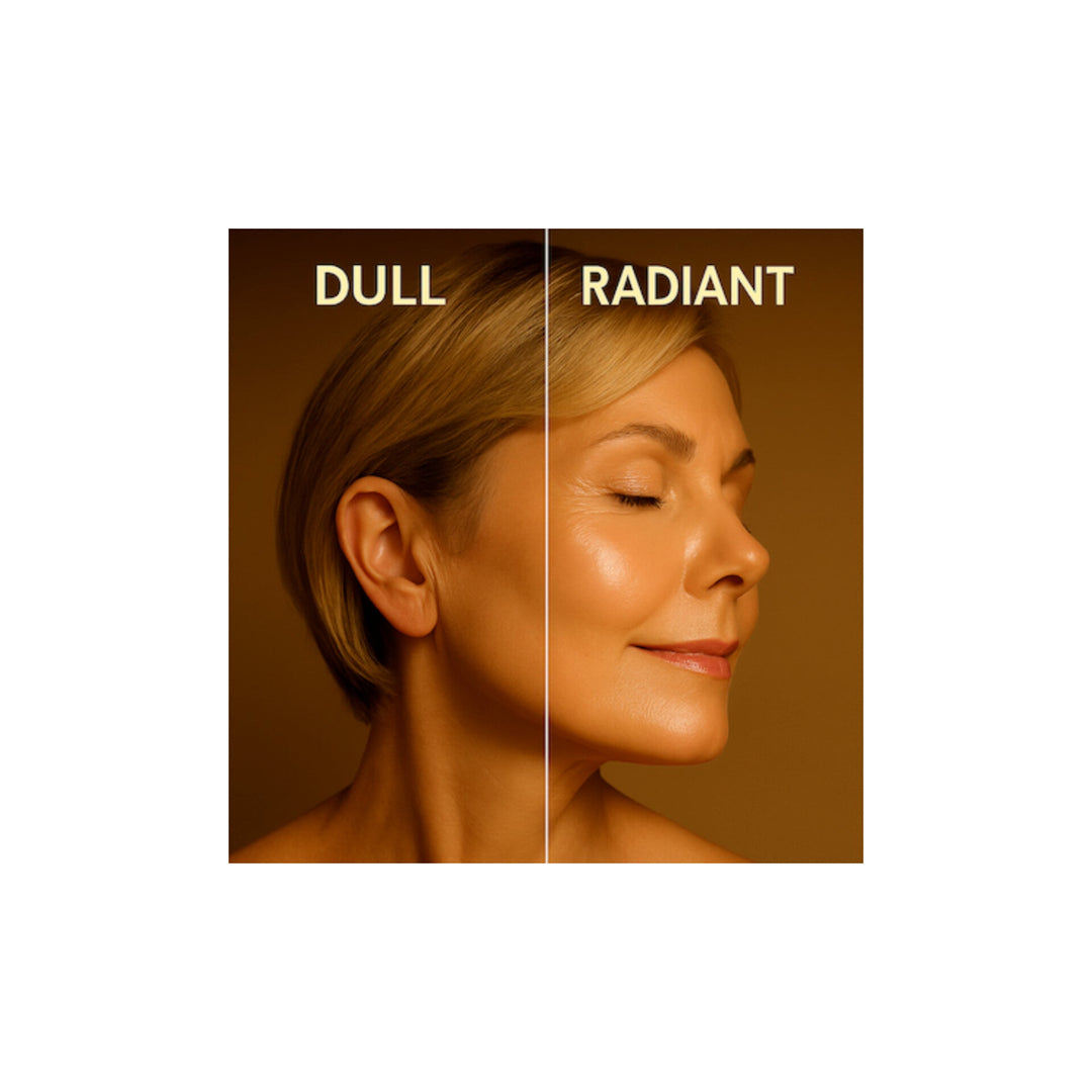 The profile of a calm woman in warm lighting with the picture split in half one side labeled dull and the other radiant
