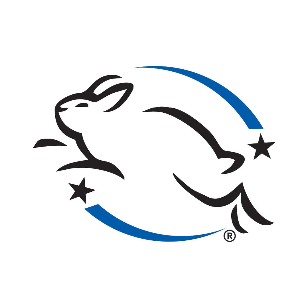 Cruelty-free leaping rabbit logo with blue circular accent and stars