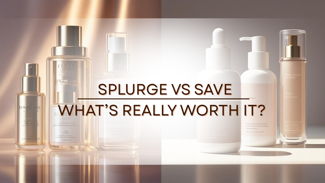 Split picture with luxury products on one side and basic products on the other with a frosted banner through the middle that says splurge vs save what's really worth it?