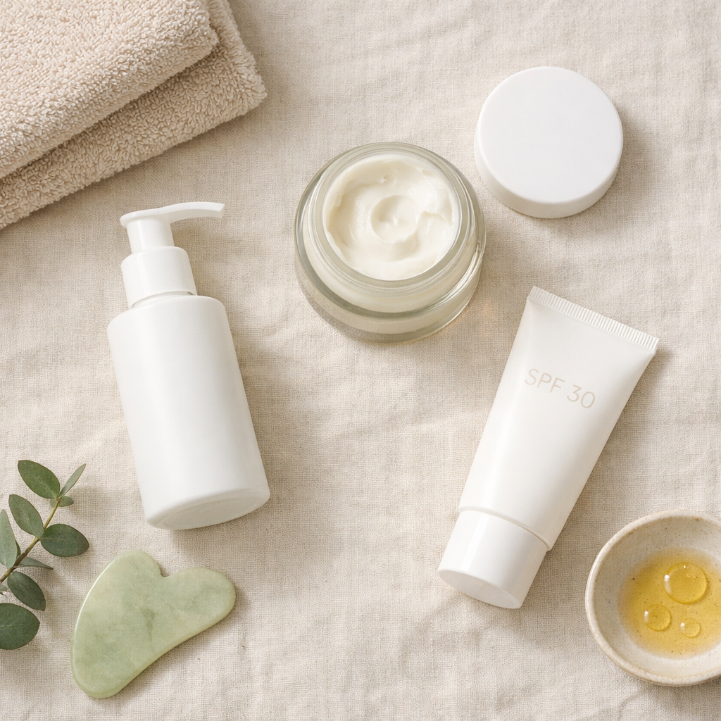 minimal botanical skincare essentials laid out on linen surface
