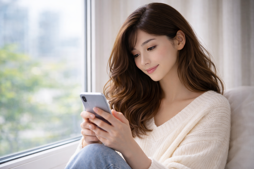 Beautiful young Asian woman sitting by a window looking at a smartphone
