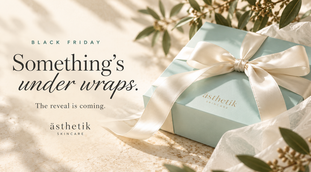 ästhetik Black Friday teaser with an aqua gift box tied with ivory ribbon and text reading “Something’s under wraps. The reveal is coming.”