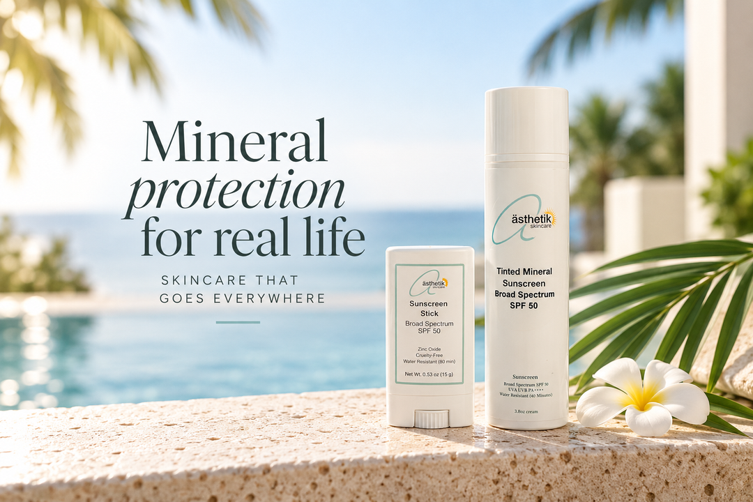 ästhetik skincare Tinted Mineral Sunscreen Broad Spectrum SPF 50 sticks by a poolside.