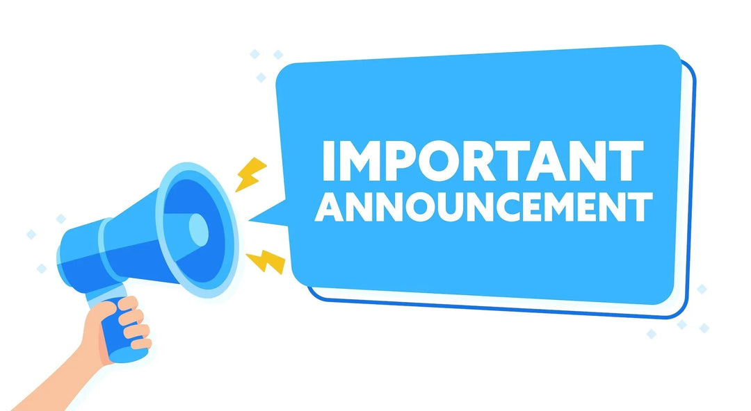 Hand holding blue megaphone with blue speech bubble stating important announcement