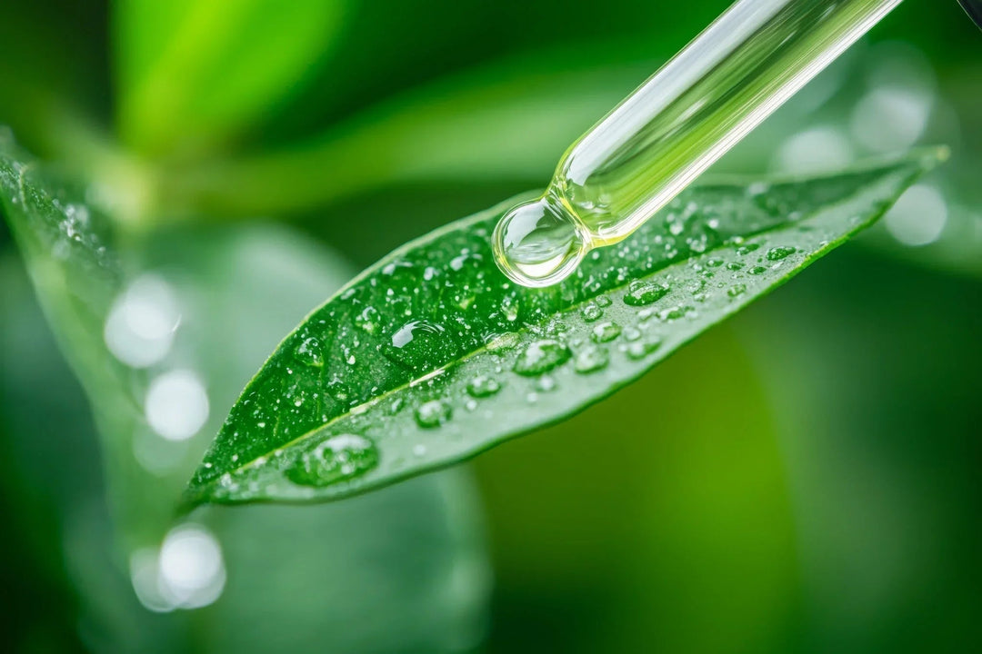 Dropper applying botanical serum on fresh green leaf with water droplets, natural skincare concept