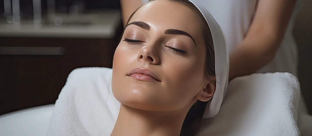 Relaxed woman with glowing skin receiving dermaplane facial treatment at spa
