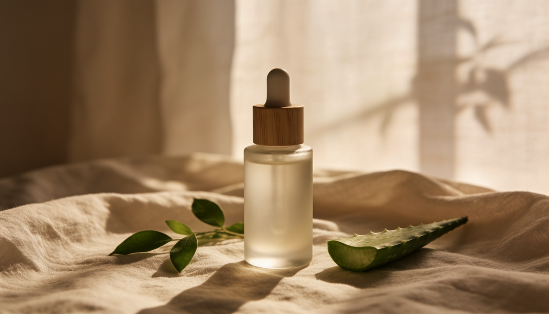 A softly lit retinol serum styled on natural linen with subtle botanicals, evoking a calm, barrier-respecting nighttime skincare ritual.