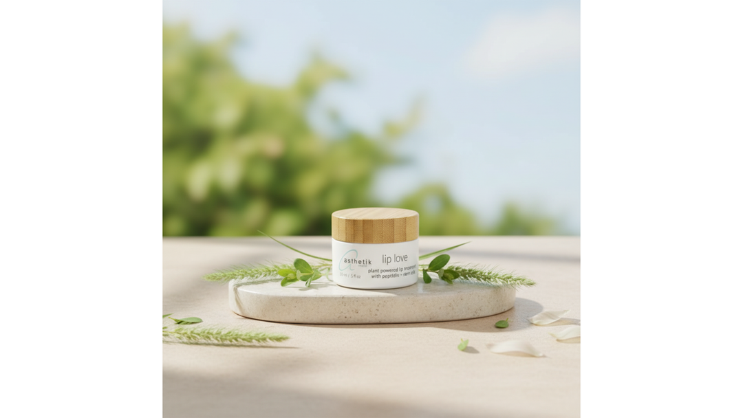 ästhetik skincare Lip Love peptide and plant stem cell lip treatment in a white jar with bamboo lid, displayed on a stone platform with green botanical accents in soft natural light.