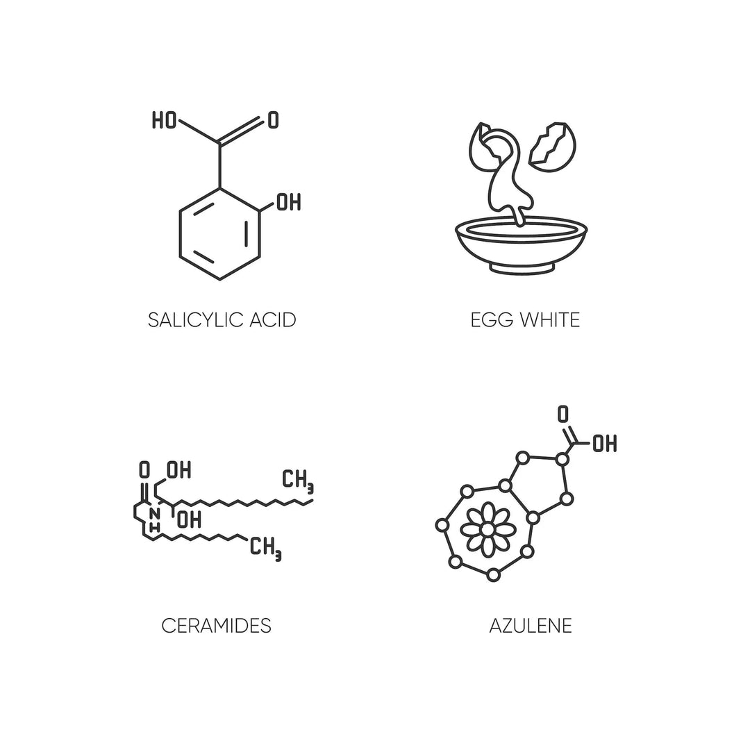 Illustrations and chemical structures of salicylic acid, egg white, ceramides, and azulene for skincare ingredients