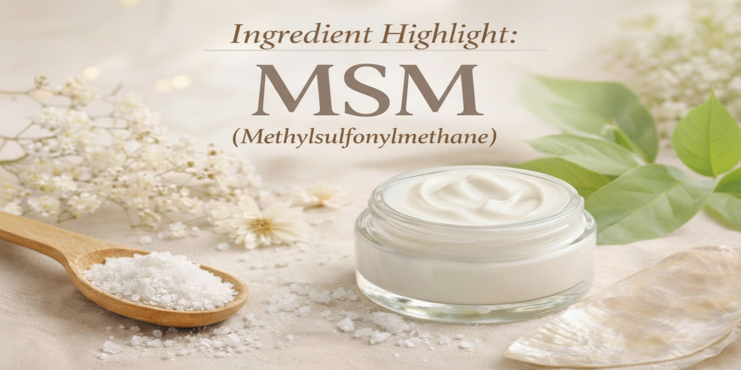 MSM skincare ingredient with botanical elements and luxury cream, highlighting methylsulfonylmethane for calming, barrier-repair skin benefits