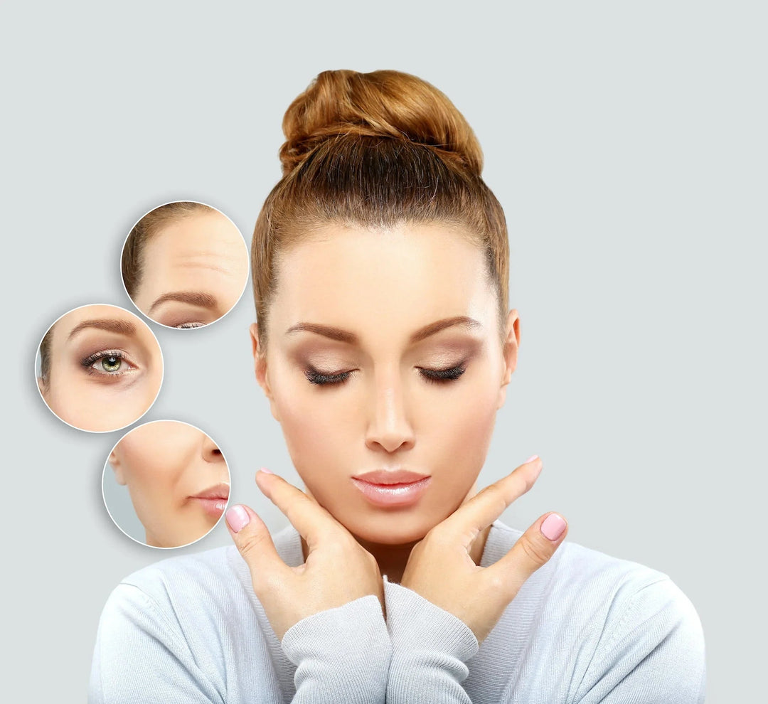 Woman with glowing skin and hair bun showing skincare results, highlighting wrinkles, dark circles, and fine lines