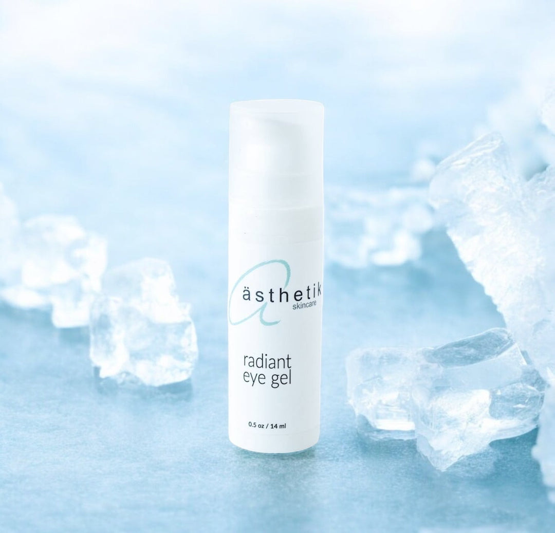 ästhetik skincare radiant eye gel surrounded by pieces of ice