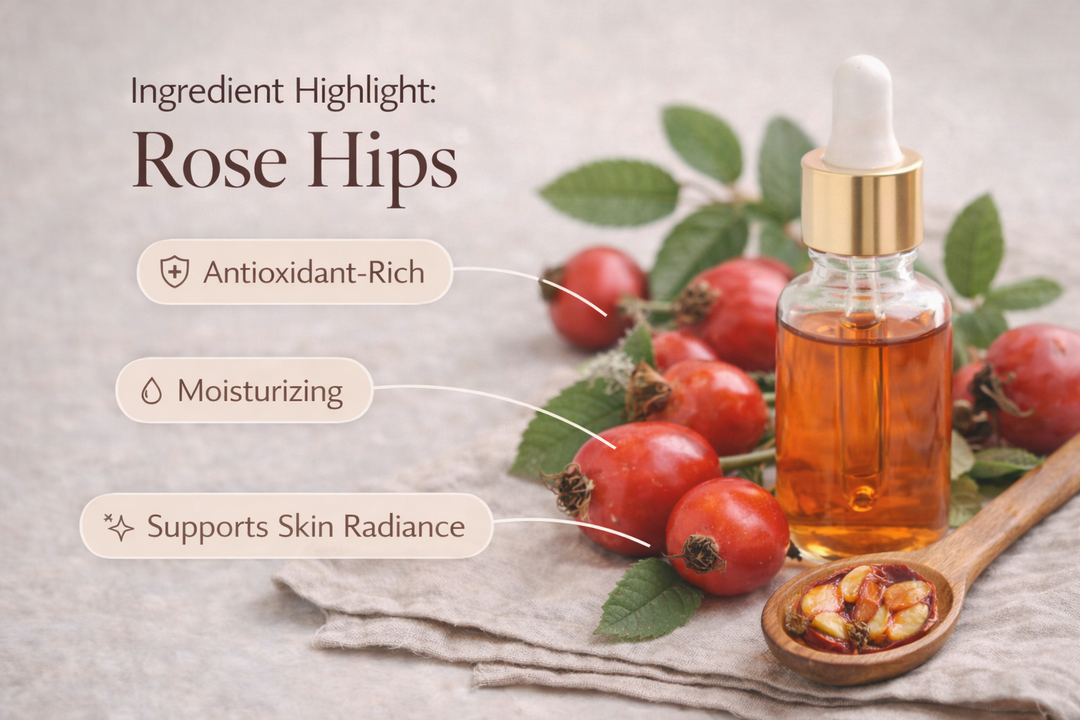 Rosehip oil dropper bottle surrounded by fresh rose hips and green leaves, highlighting antioxidant-rich, moisturizing, and skin-radiance benefits.
