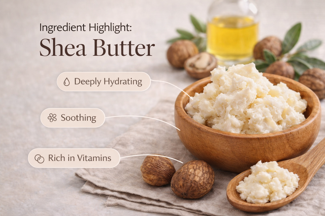 Shea butter in a wooden bowl with shea nuts and oil, labeled with benefits like deeply hydrating, soothing, and rich in vitamins.