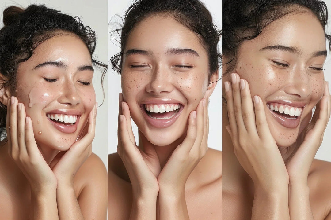 Young woman with glowing, freckled skin smiling during skincare routine in a clean beauty ad