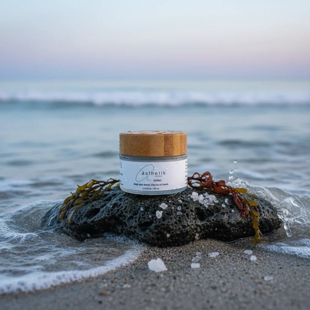ästhetik skincare deep sea dextox clay mask | Tiefen sitting on a small rock in the sand as ocean waves gently roll in from behind