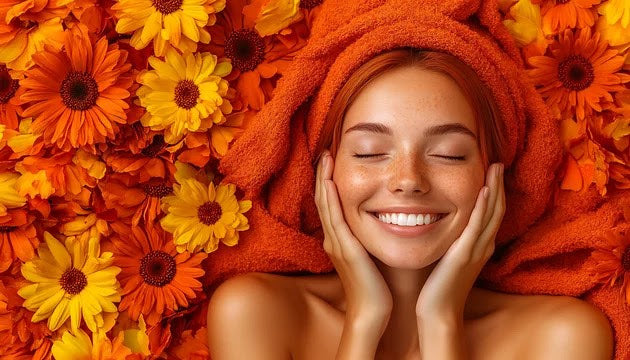 Close up of a beautiful young woman with tan skin and red hair smiling with her hands on the sides of her face while laying on an orange blanket surrounded by orange and yellow flowers