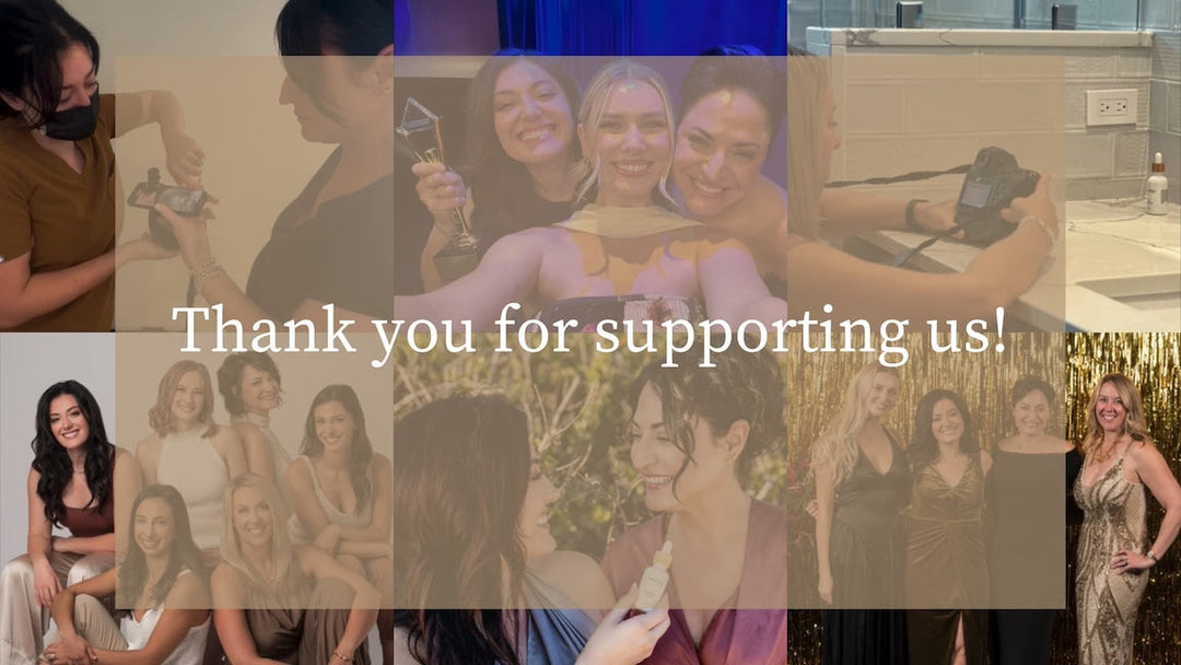 A picture collage of the ästhetik skincare team with a translucent overlay box that says thank you for supporting us!