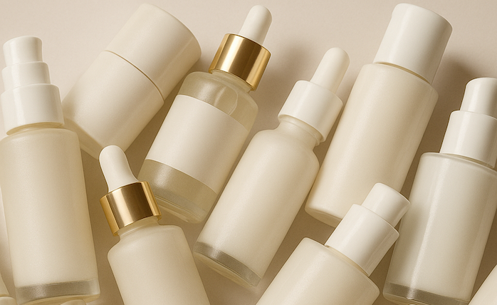 A variety of plain white skincare bottles sitting together