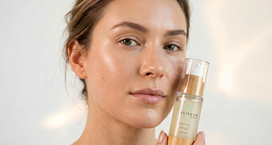 Close-up of woman with radiant skin holding ästhetik skincare's vitamin C serum for brightening, dark spot reduction, and skin protection