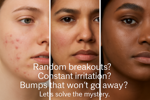 Three woman of different ethnicities all struggling with skin conditions and overlayed text that reads- Random breakouts? Constant irritation? Bumps that won't go away? Let's solve the mystery.
