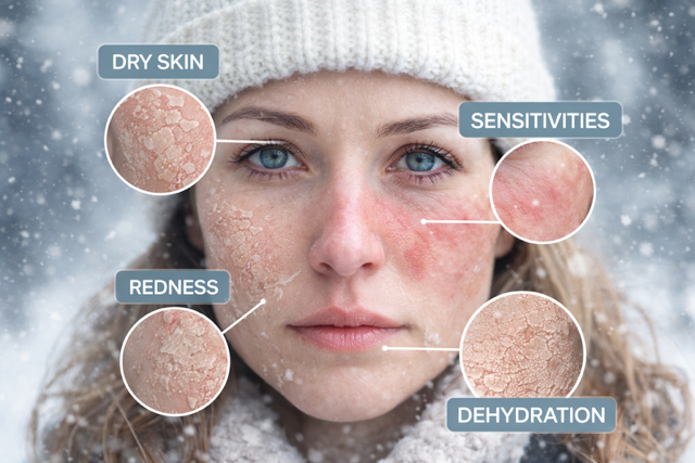 Woman experiencing seasonally dry skin with visible dryness, redness, sensitivities, and dehydration caused by cold winter weather.