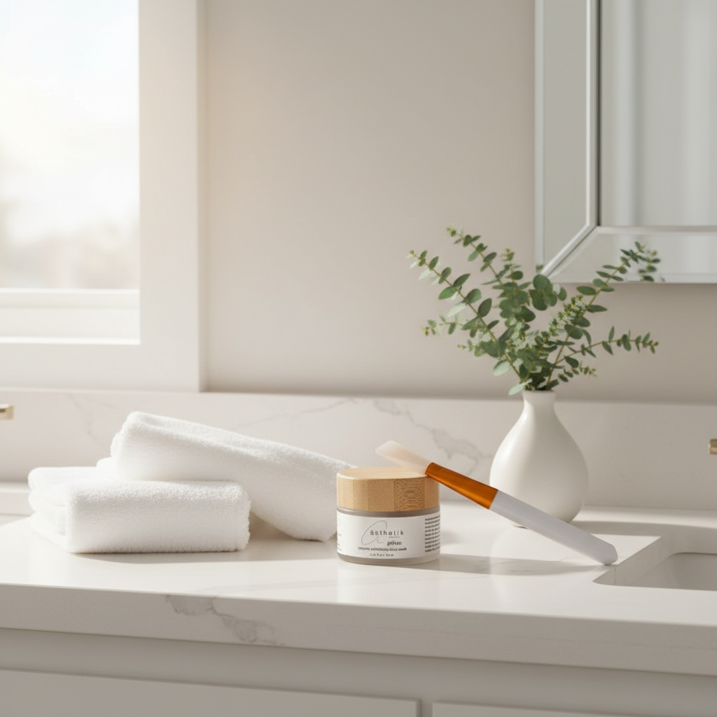 asthetik exfoliating enzyme mask jar, towel, and plant on a bathroom counter
