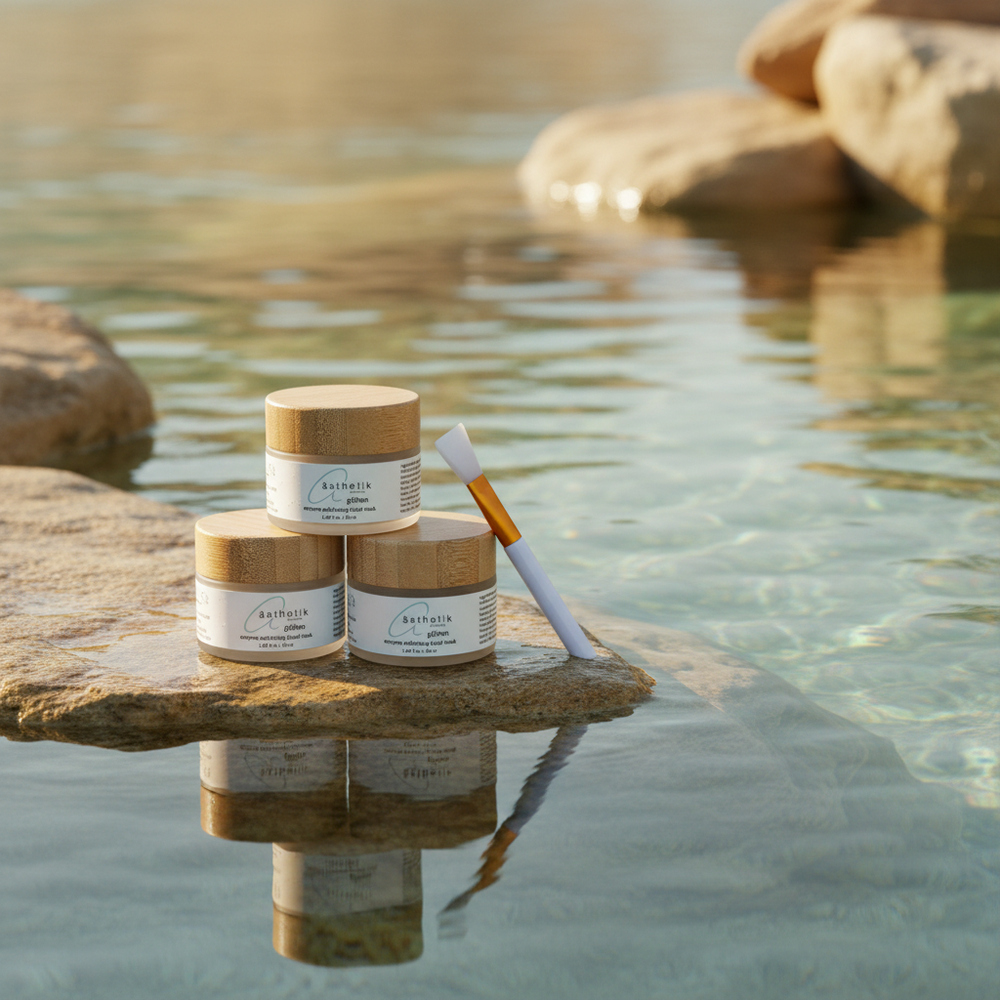 asthetik enzyme facial mask jars and a brush on a rock by a calm water body