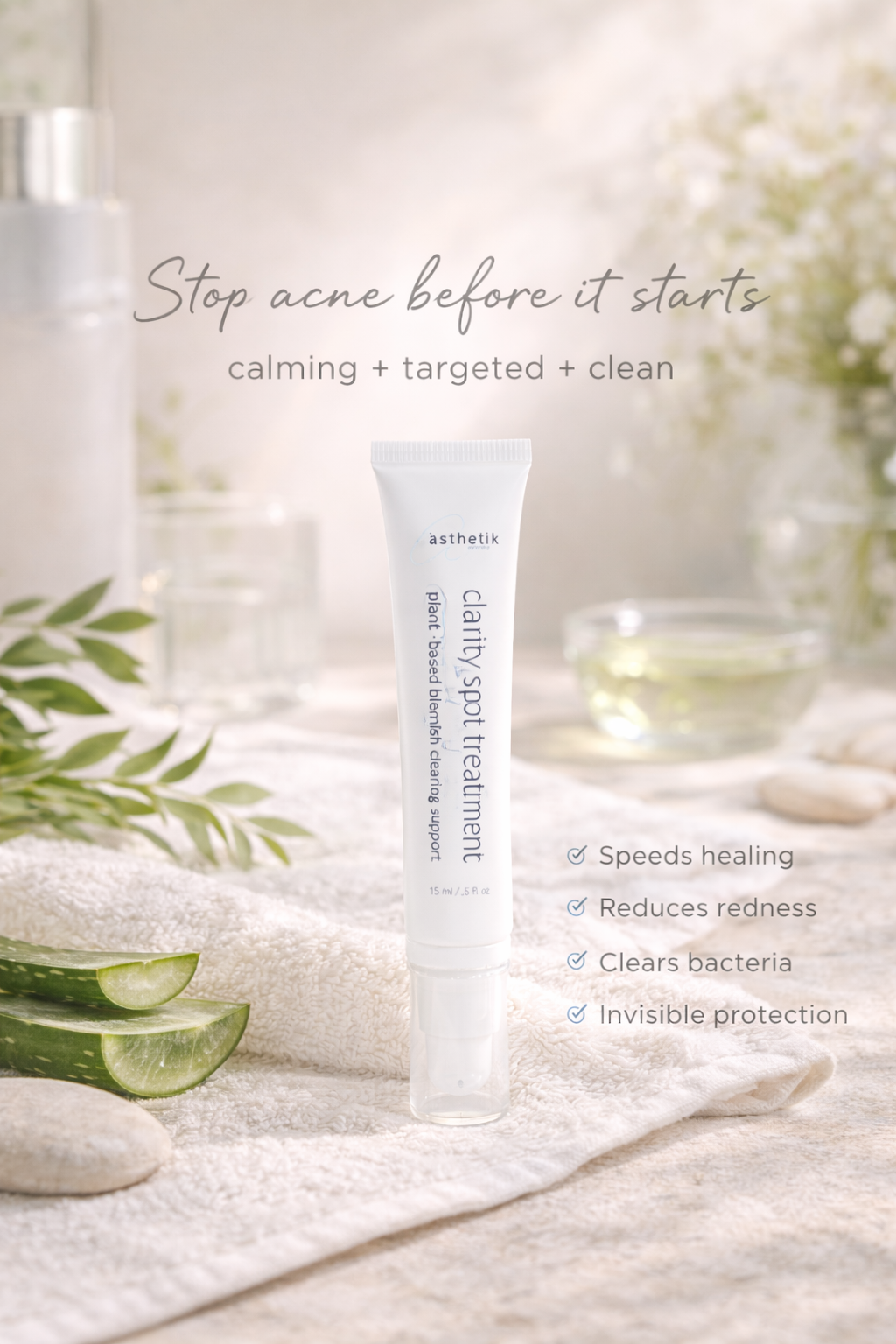 Tube of asthetik spot treatment with aloe vera and flowers on a light background