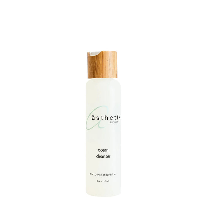 ästhetik skincare ocean cleanser in a bottle with a wooden cap